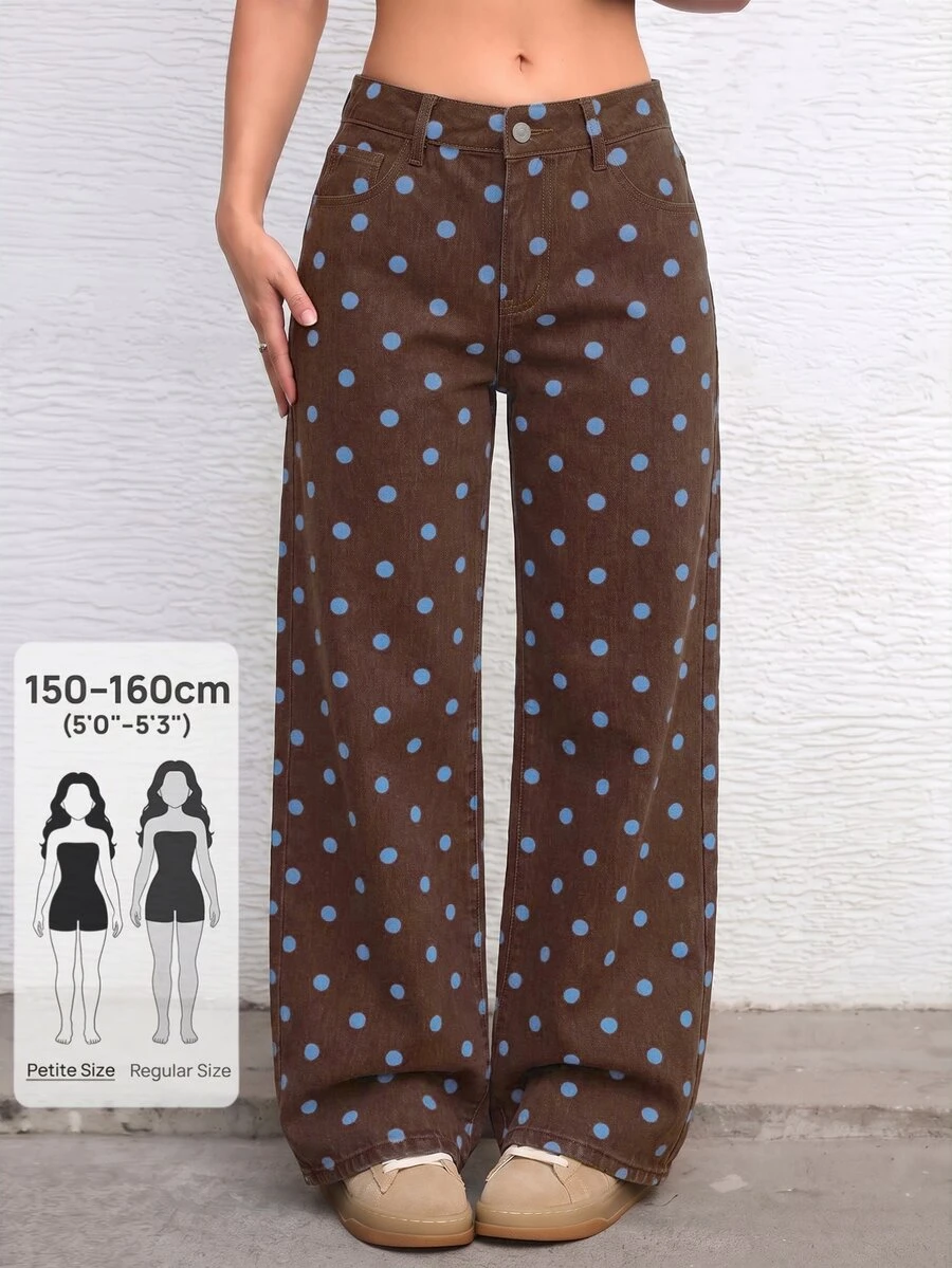 Jeanoix Petite Y2K Women's Polka Dot Print Straight Leg Denim Jeans - Coffee Brown - View 1