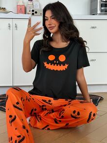 ZzzCrew Halloween Print Short Sleeve & Long Pants Pajama 2 Pieces Set - Multicolor - View 5