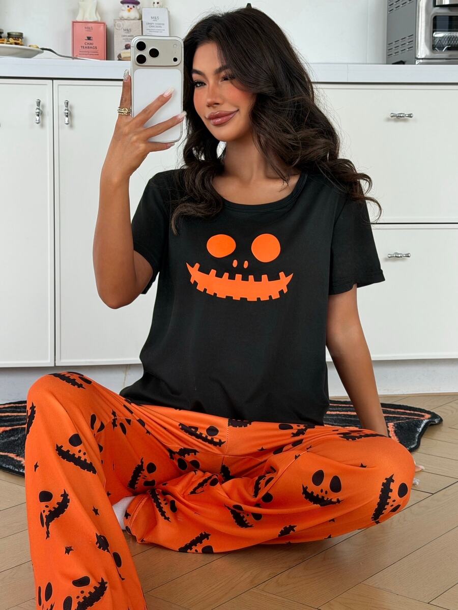 ZzzCrew Halloween Print Short Sleeve & Long Pants Pajama 2 Pieces Set - Multicolor - View 1