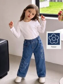 Young Girl' 個性化百搭舒適休閒度假時尚街頭風水洗柔軟可愛花卉刺繡鬆緊腰長褲，適合返校季 - 深色水洗藍 - 查看 5