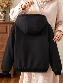 SHEIN 女童休閒時尚梭織連帽外套，豹紋抓絨內裡，寬鬆版型，舒適適合秋冬日常通勤 - 黑色 - 查看 2