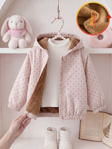 SHEIN Playful Pals 幼童女嬰毛絨外套夾克 甜美灰粉色 絨毛內裡 長袖連帽 加厚柔軟 旅行款 冬季秋季 拉鍊式 正式風 牛仔女孩風 - 彩色 - 查看 1