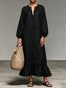 LUMIGAL Women's Solid Color Ruffle Trim Long Dress For Vacation And Casual Wear - Black - View 4