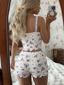 CottageSlumber Light Purple Ditsy Floral Camisole Pajama Set, Lace Frill Trim Fresh Girly Loungewear - White - View 6