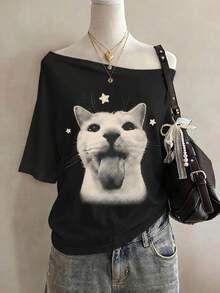 Lalippa Cat Pattern Multi-Color Print Fashionable Minimalist Women's Crew Neck T-Shirt, Gift For Friends - Black - View 1