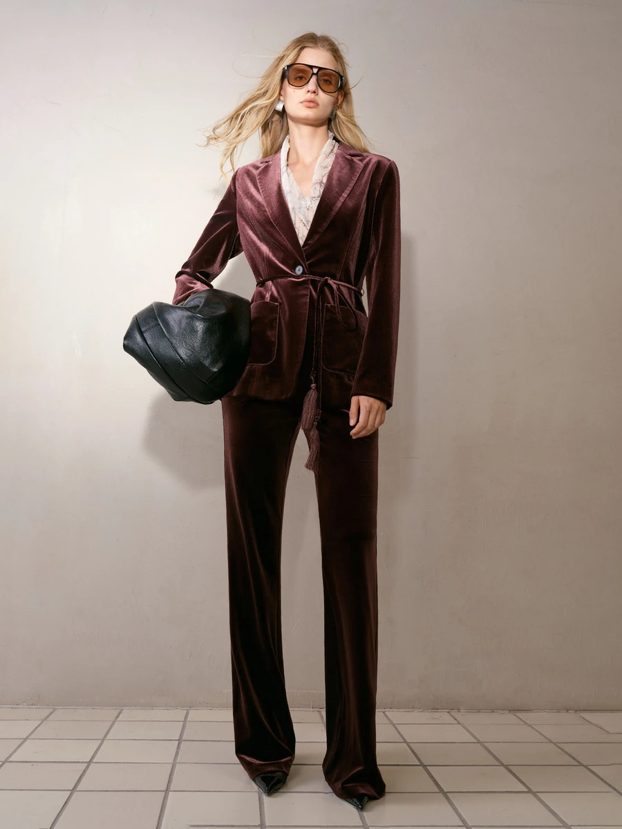 MOTF PREMIUM WOMEN'S VELVET SOLID COLOR PATCHWORK POCKET TASSEL TIE WAIST BLAZER - Brown - View 1