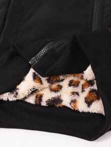 SHEIN 女童休閒時尚梭織連帽外套，豹紋抓絨內裡，寬鬆版型，舒適適合秋冬日常通勤 - 黑色 - 查看 8
