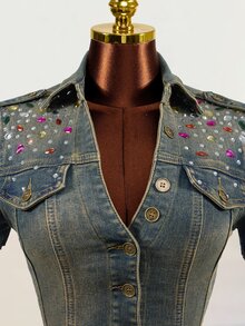 SHEIN Jaket Denim Pendek Slim Fit dengan Hiasan Rhinestone untuk Wanita di Musim Panas - Dark Wash - View 4