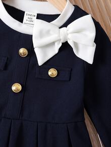 Baby Girl Cute Elegant Colorblock Bow & Button Design Dress Robe Elegante Chic - Blue - View 7