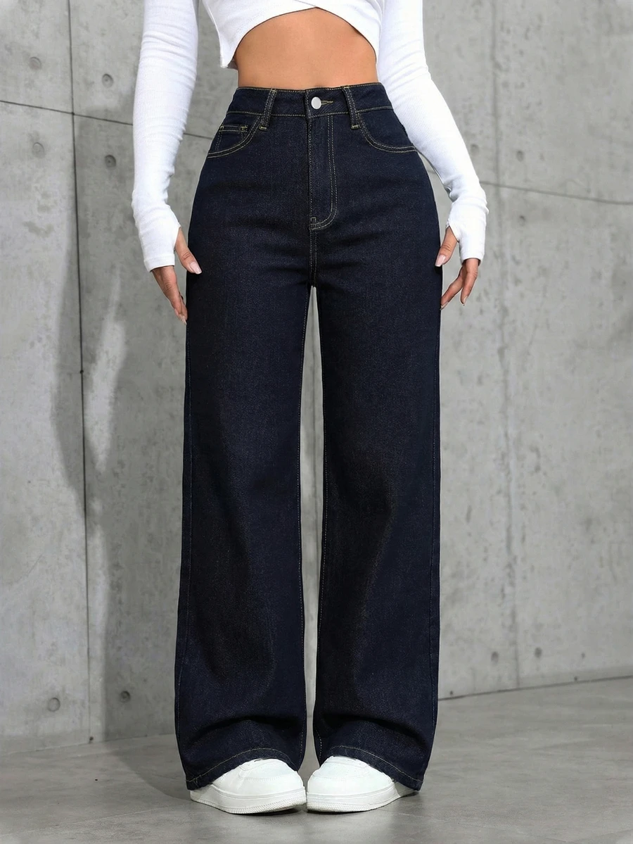SHEIN CURVE+ Celana Jeans Denim Kasual Sehari-hari Wanita Ukuran Besar dengan Saku dan Kancing - Dark Wash - View 1