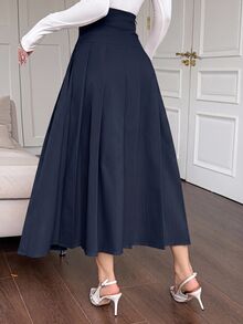 DAZY Autumn/Summer New High Waist Single-Breasted Decorative Pleated Solid Color Loose A-Line Mid-Length Skirt For Women - Navy Blue - View 2