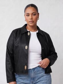 Solavibe Plus Size Black Faux Leather Collared Toggle Button Jacket For Campus Hangout,Urban Stroll,Autumn Holiday Trip,Winter Jacket,Work Outfits - Black - View 10