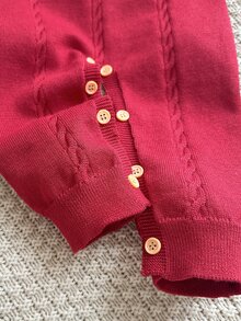 Cozy Pixies 女嬰針織連身褲，杏色，刺繡兔子與花卉圖案，秋冬長褲 - 酒紅色 - 查看 4