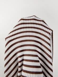 SHEIN Autumn Winter Casual Fashion Black White Striped Round Neck Single Breasted Flared Hem Slim Fit Long - Coffee Brown - View 4