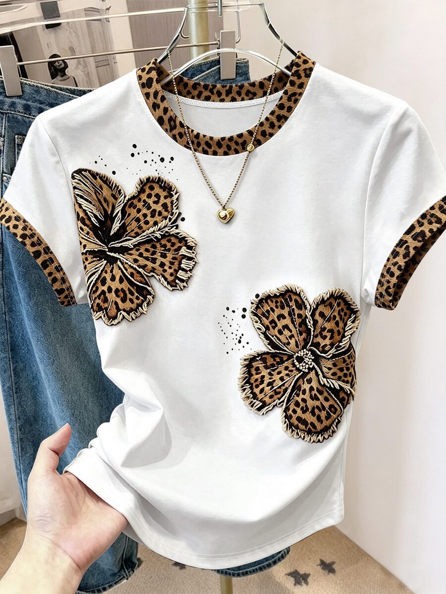 Resyla 女款 T-shirt 夏季外出上衣 收腰設計 大面積藝術花卉印花 白色休閒百搭 日常穿著 舒適面料 - 彩色 - 查看 1