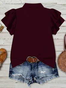 EMERY ROSE Plus Size Summer Casual Solid Color Ruffle Blouse - Burgundy - View 2