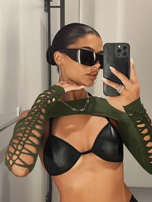 SHEIN ICON 鏤空超黑短版上衣（免穿內衣） - 軍綠色 - 查看 3