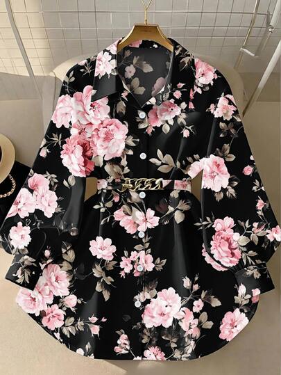 GlowEve CURVE Plus Size Women's Long Sleeve Ditsy Floral Tie Front Blouse