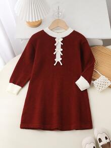 Girls' New Round Neck Slouchy Fashion Sweet Bow Sweater Dress, Chic And Stylish, Suitable For Outings, Gatherings And Back To School - Burgundy - View 1
