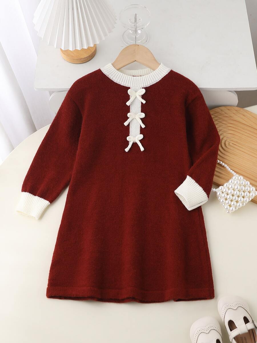 Girls' New Round Neck Slouchy Fashion Sweet Bow Sweater Dress, Chic And Stylish, Suitable For Outings, Gatherings And Back To School - Burgundy - View 1