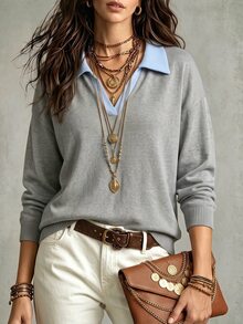 LUMIGAL A New Casual And Versatile Long-Sleeved Sweatshirt With A Light Blue Contrasting Color And A Collar Brunch Autumn Everyday Travel - Multicolor - View 1