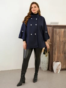 SHEIN LUNE CURVE Women's Plus Size High Neck Raglan Sleeve Cape Elegant Commute Loose Overcoat, Double-Breasted, Suitable For Autumn/Winter Wear - Navy Blue - View 4