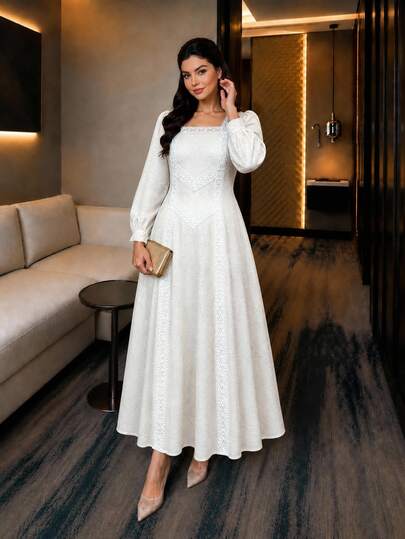 Modelyn Light Apricot Plus Size Jacquard Textured Lace Patchwork Square Neck Lantern Long Sleeve Back Zipper A-Line Dress