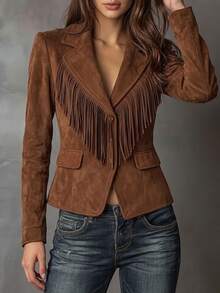 LUMIGAL Autumn/Winter Vintage Distressed Lapel Fringe Suede Jacket Slim Fit Flattering Short Top - Camel - View 5