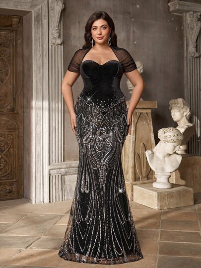 Aureia Plus Size Elegant Fashion 2 In 1 Black Velvet & Coffee Brown Sequin Patchwork Vintage Bustier Shawl Sleeve Sequins Embellished Bodycon Slit Mermaid Dress For Birthday Party Wedding Event Ball Formal Evening Gown (Heavy Craftsmanship)
