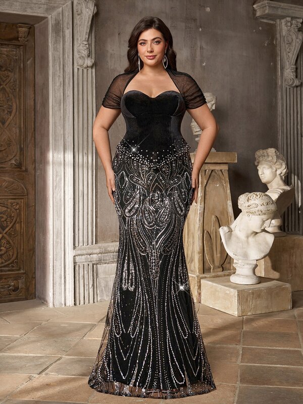 Aureia Plus Size Elegant Fashion 2 In 1 Black Velvet & Coffee Brown Sequin Patchwork Vintage Bustier Shawl Sleeve Sequins Embellished Bodycon Slit Mermaid Dress For Birthday Party Wedding Event Ball Formal Evening Gown (Heavy Craftsmanship)
