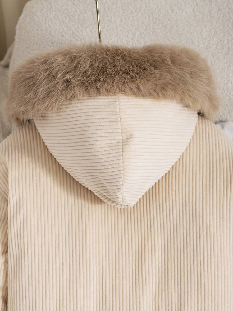 SHEIN Tween Girl Casual Fashion Woven Ribbed Fabric Hooded Jacket With Fleece Lining And Fur Collar, Loose Fit, Comfortable For Autumn/Winter Daily Commute, Outdoor Play, Outings, Gatherings And Photo Shoots - Beige - View 8