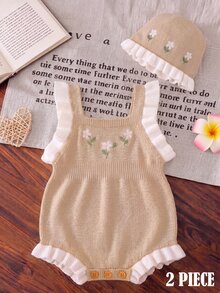 SHEIN LMoss Kids 女嬰新生兒小碎花針織秋季連身衣，拼色設計，蕾絲飾邊，適合滿月、生日及其他場合，連身衣+帽子2件套 - 杏色 - 查看 1