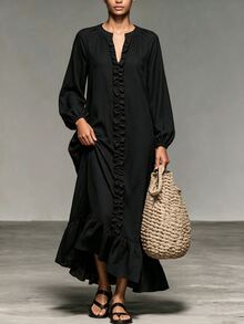 LUMIGAL Women's Solid Color Ruffle Trim Long Dress For Vacation And Casual Wear - Black - View 5