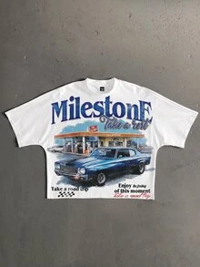 StoneGrade Men's Letter & Car Graphic Print Short Sleeve T-Shirt - Blue - View 1