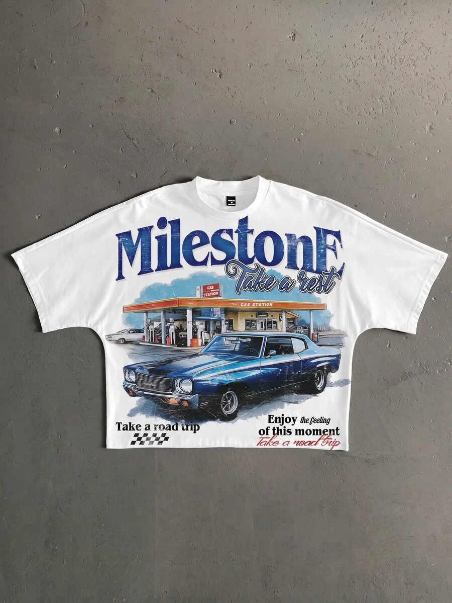 StoneGrade Men's Letter & Car Graphic Print Short Sleeve T-Shirt - Blue - View 1
