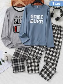 2pcs/Set Boys New Fashion Minimalist Solid Color Round Neck Gray Long Sleeve Top With SLEEP Print Autumn/Winter Pajamas - Grey - View 1