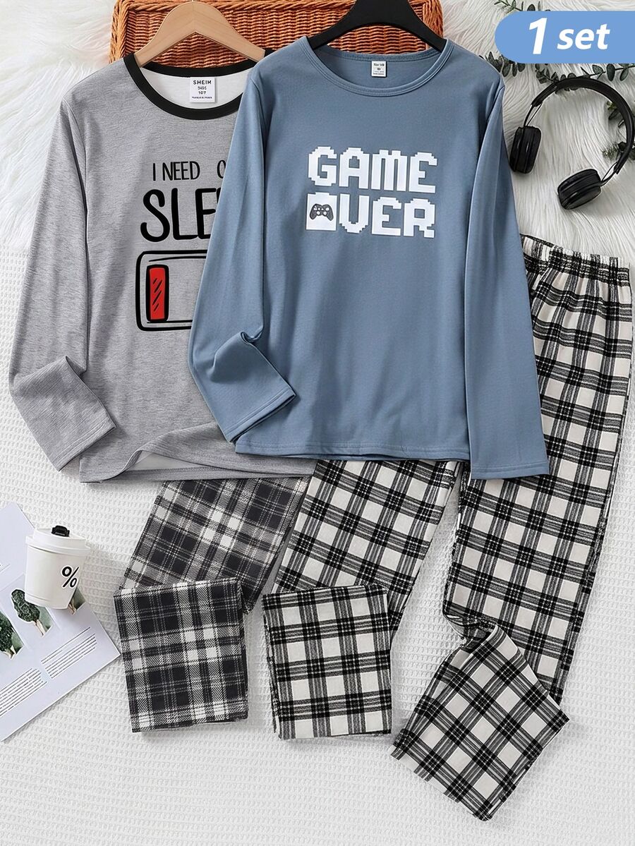 2pcs/Set Boys New Fashion Minimalist Solid Color Round Neck Gray Long Sleeve Top With SLEEP Print Autumn/Winter Pajamas - Grey - View 1