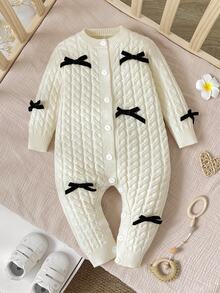 SHEIN Baby Girl Bow Decor Button Knit Romper - Apricot - View 1