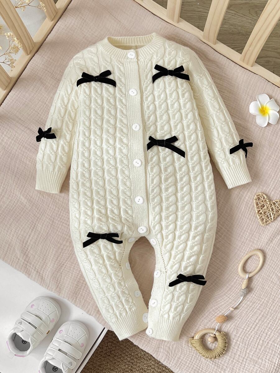 SHEIN Baby Girl Bow Decor Button Knit Romper - Apricot - View 1
