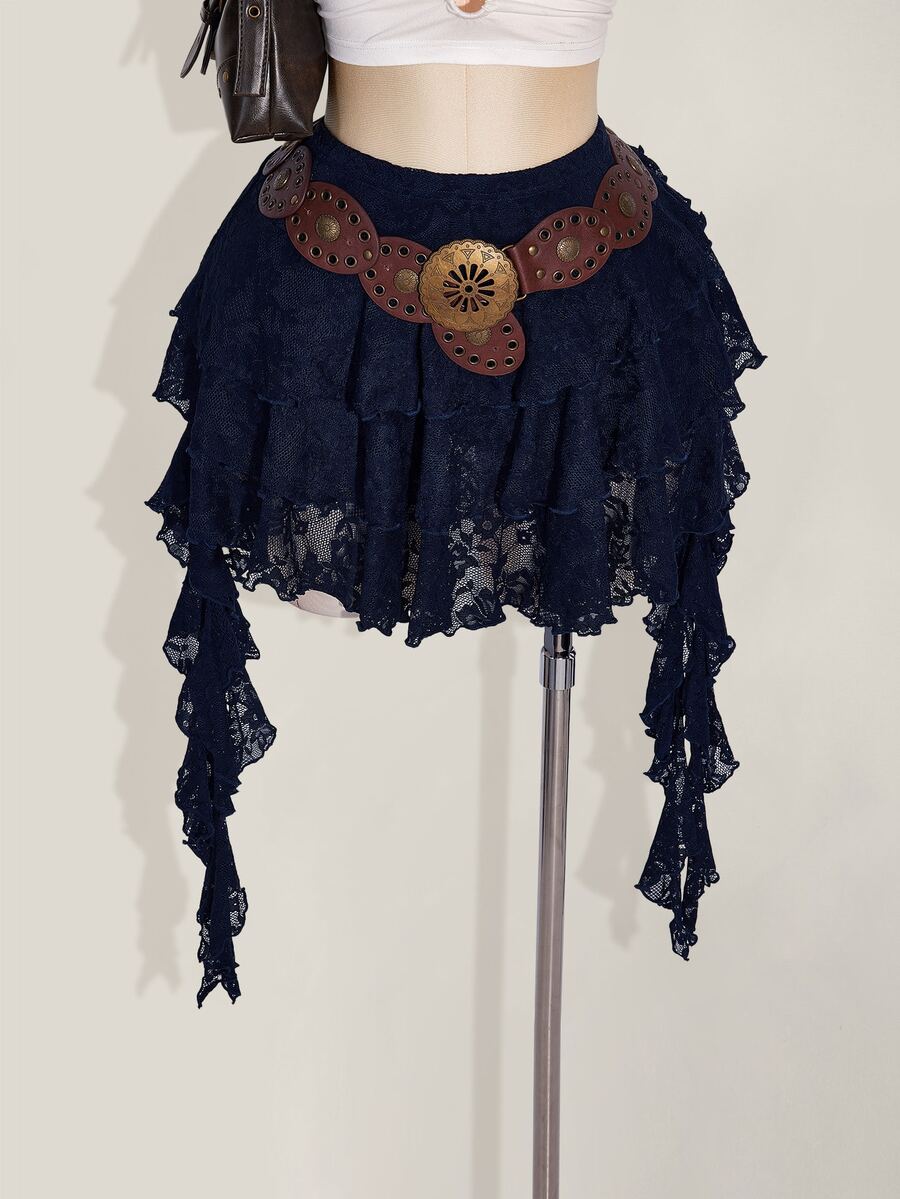 SHEIN ICON 大尺碼度假風休閒性感白色蕾絲波浪下擺裙,附安全內褲防走光,適合夏季、音樂節、返校季 - 藏蓝色 - 查看 1