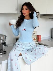 ZzzCrew Cute Bow Print Slim Fit Round Neck Half-Button Long Sleeve Woven Printed Pants Women's Pajama Set - Blue - View 1