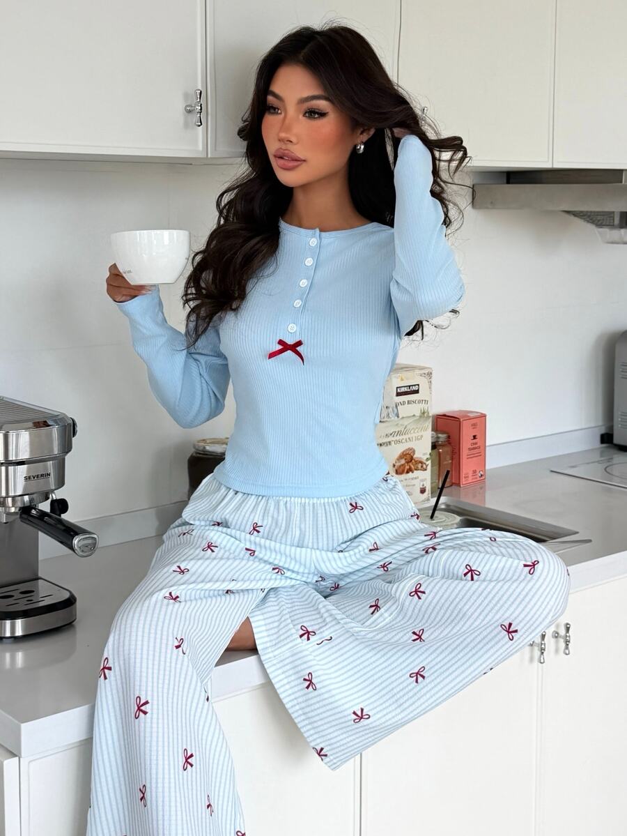 ZzzCrew Cute Bow Print Slim Fit Round Neck Half-Button Long Sleeve Woven Printed Pants Women's Pajama Set - Blue - View 1
