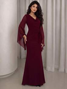 Modelyn Women's Solid Color Cowl Neck Flare Sleeve Side Drawstring Waist Elegant Long Dress - Burgundy - View 6