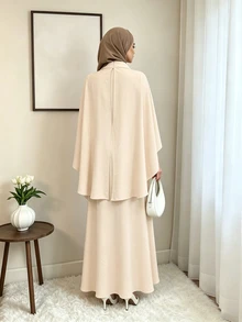 Celisse Elegant Women's Long Dress With Stand Collar, Shawl, Embroidered Floral Applique And Rhinestones - Apricot - View 2