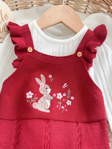 Cozy Pixies 女嬰針織連身褲，杏色，刺繡兔子與花卉圖案，秋冬長褲 - 酒紅色 - 查看 5