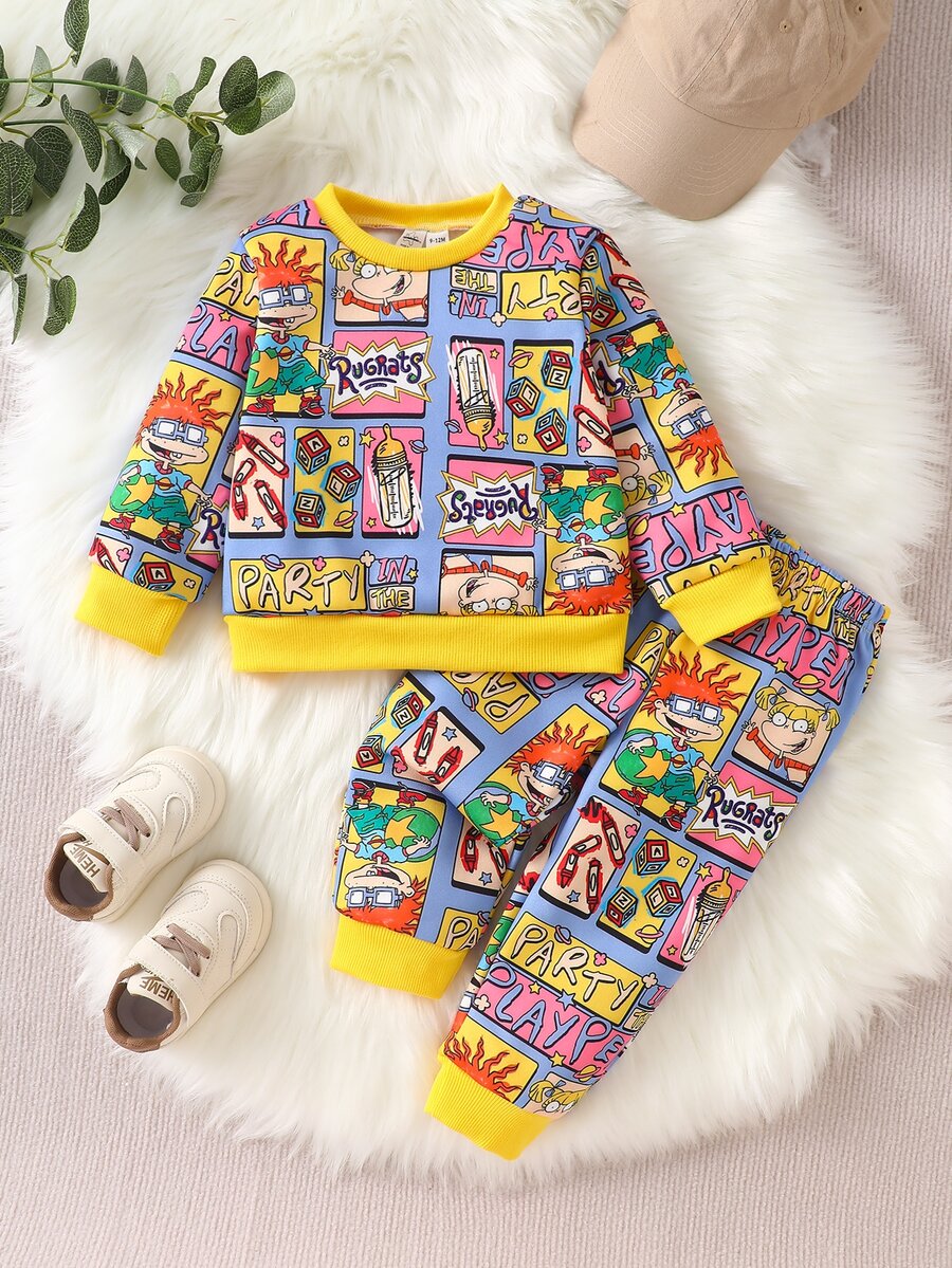 Nick 90s | SHEIN Nick 90s | Baby Boys Cartoon Character Print Sweatshirt And Sweatpants 2 Pieces Set, Suitable For Autumn/Winter - Multicolor - View 1