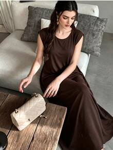 Yasmyna Elegant Commuter Solid Color Sleeveless Long Dress - Coffee Brown - View 5