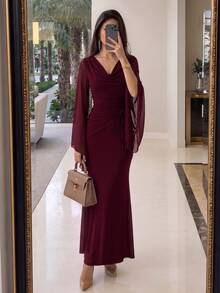 Modelyn Women's Solid Color Cowl Neck Flare Sleeve Side Drawstring Waist Elegant Long Dress - Burgundy - View 5