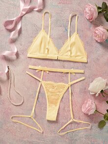 Elorette 無鋼圈蕾絲內衣 + G字褲 + 吊襪帶附腿環 3件套內衣套裝 - 黃色 - 查看 2