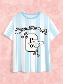 HELLO KITTY AND FRIENDS | SHEIN 大尺碼女款字母條紋印花圓領短袖休閒T恤 - 白色 - 查看 4